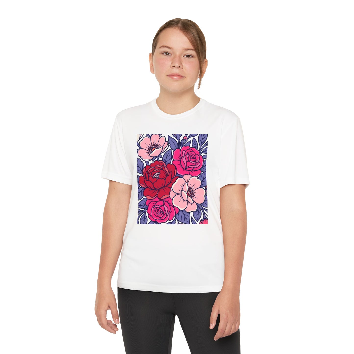 Youth Floral Tee β Pink & Red Rose Square Graphic
