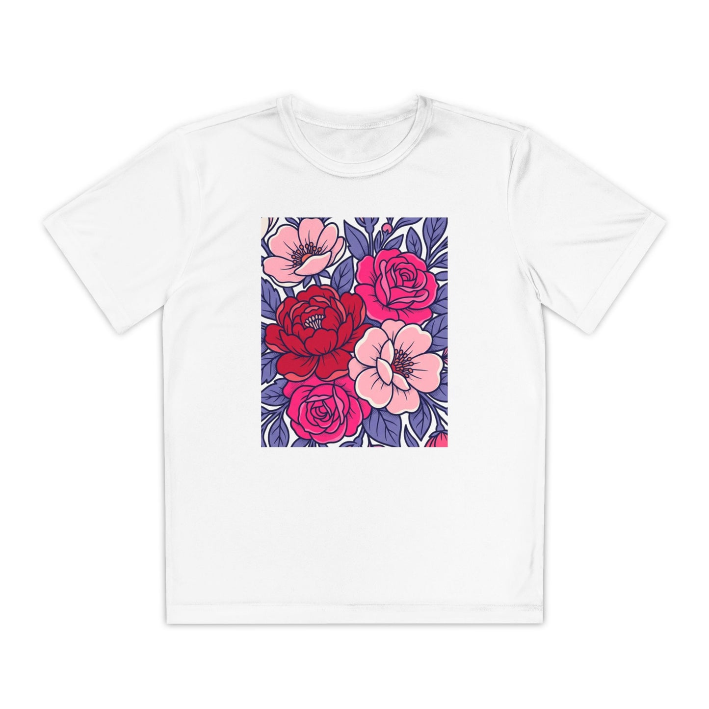 Youth Floral Tee — Pink & Red Rose Square Graphic
