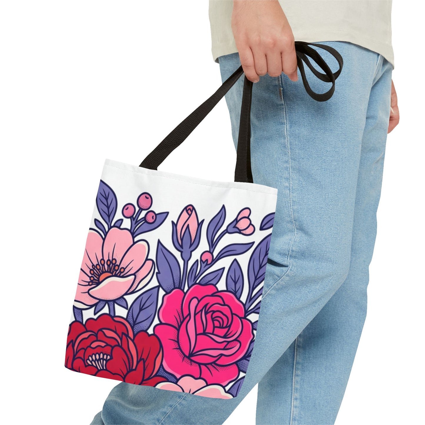 Floral Rose Bouquet Tote Bag – Pink & Purple All-Over Print